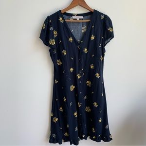 LOFT Navy Blue with Yellow and White Flowers Button Down Dress
